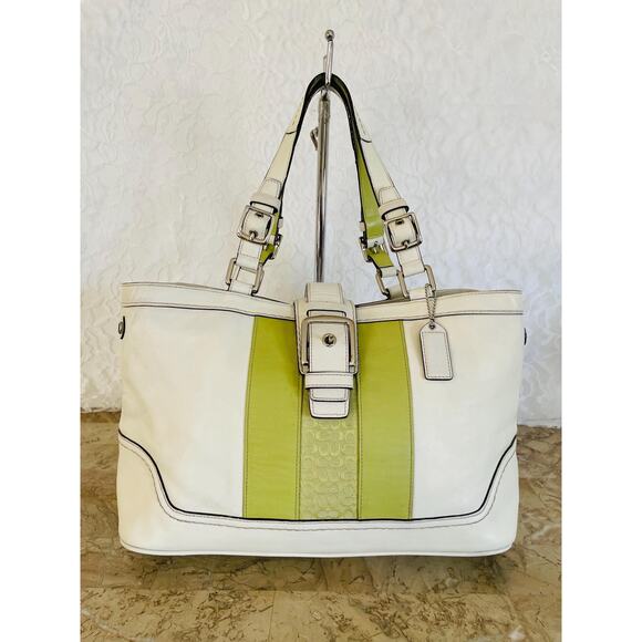 Coach Handbags - Vtg Coach Hampton convertible leather/Canvas white/lime shoulder bag Bag F11345